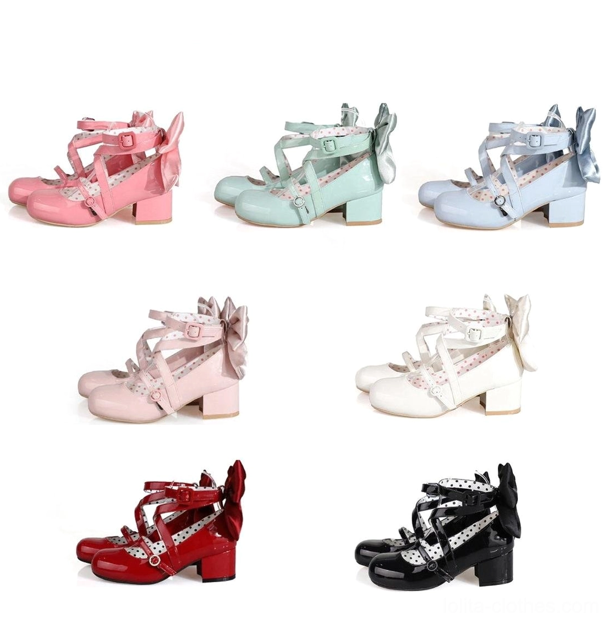 Pink matte leather lolita heel shoes back view model legs wearing ruffled socks ankle strap side bow vintage wooden furniture