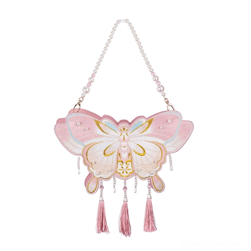 Pink and off-white gradient Chinese Qi Lolita butterfly handbag with golden embroidery three pink tassels pearl beaded strap front view