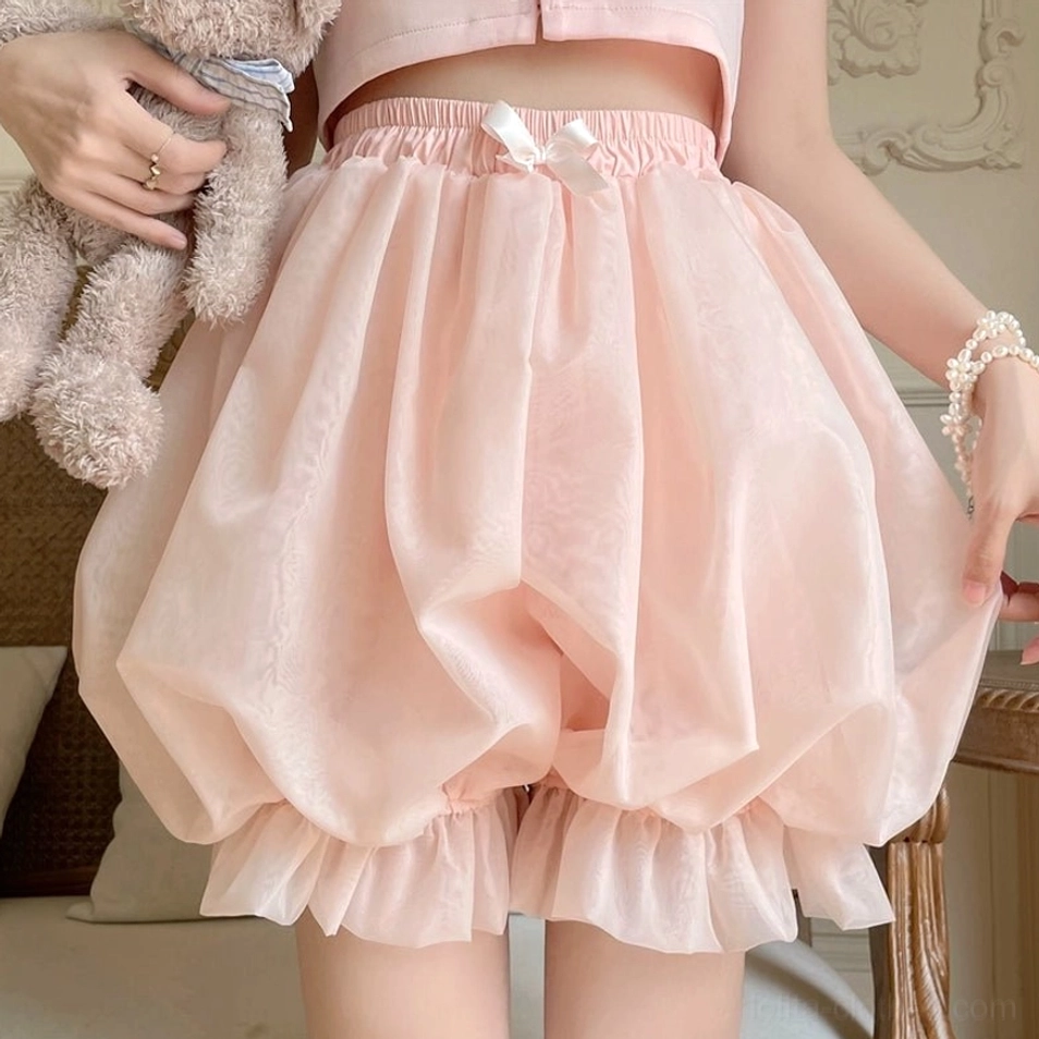 Pink organza lolita bloomers front full body view showing elegant color romantic silhouette puffy aesthetic and sweet lolita fashion essence