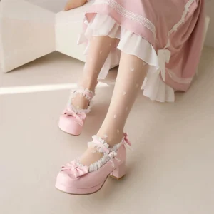 Pink patent leather sweet lolita high heels with ruffled lace opening and bow buckle strap paired with polka-dot stockings lolita outfit