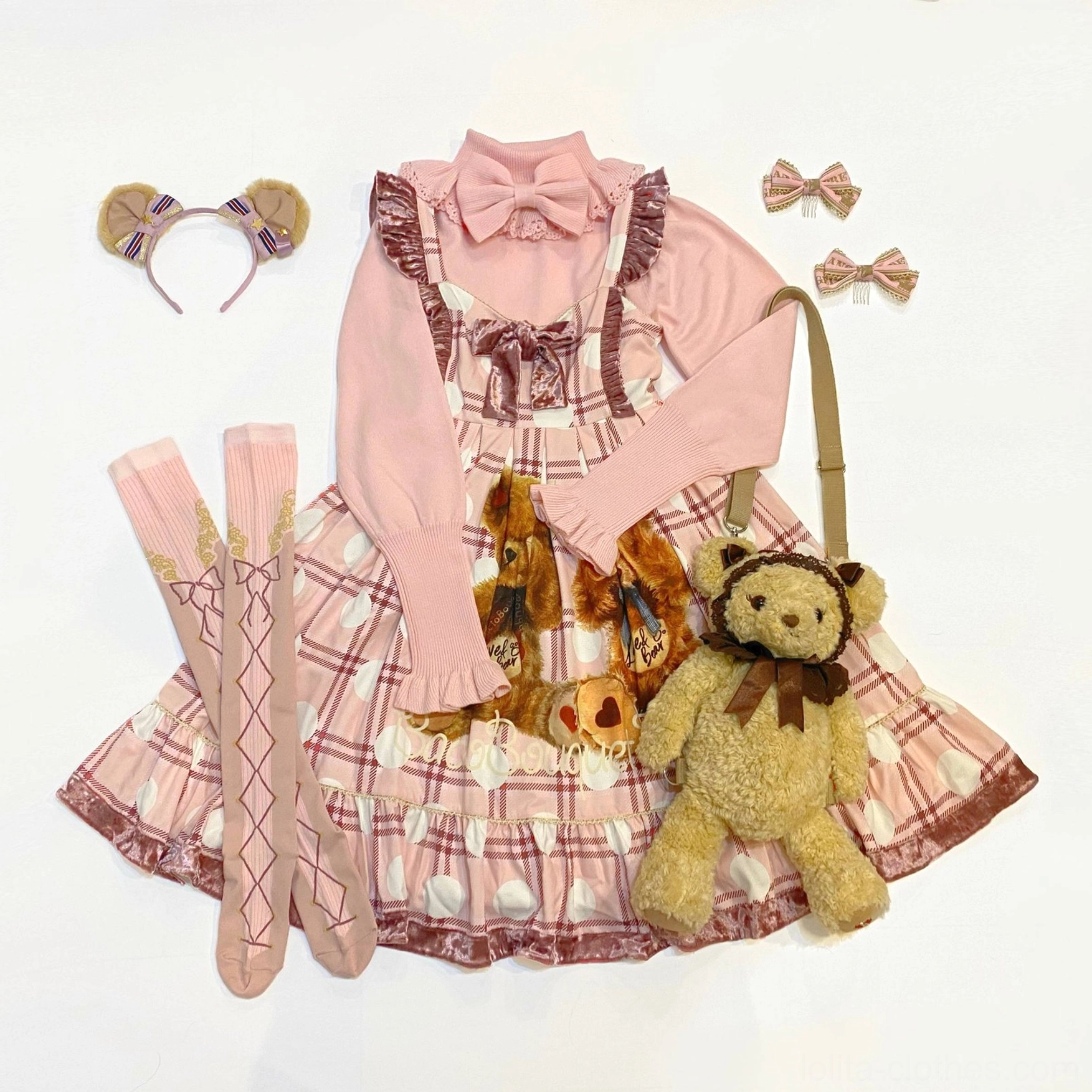 Pink plaid teddy bear print sweet lolita JSK set with ruffled pink wool inner sweater and bear crossbody bag