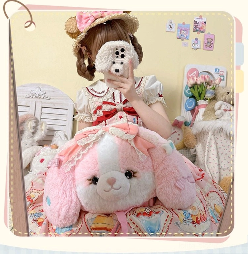Pink fluffy plush Cocker Spaniel backpack mirror selfie view with lolita girl in white dress red bow matching mini puppy phone accessory