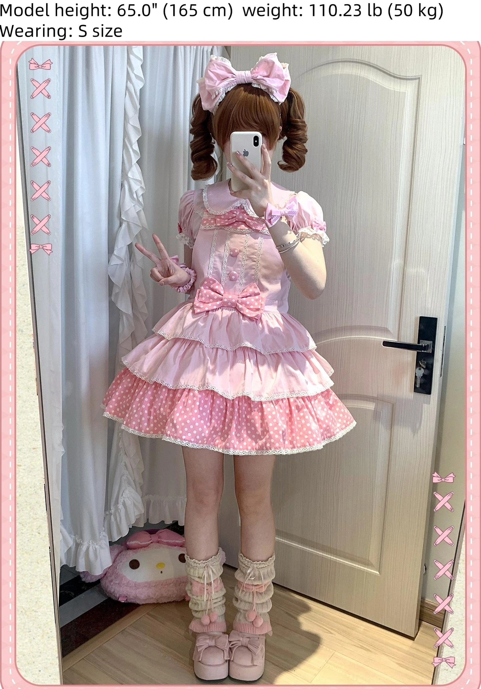 Pink polka dot sweet lolita dress jsk front mirror selfie styling view casual