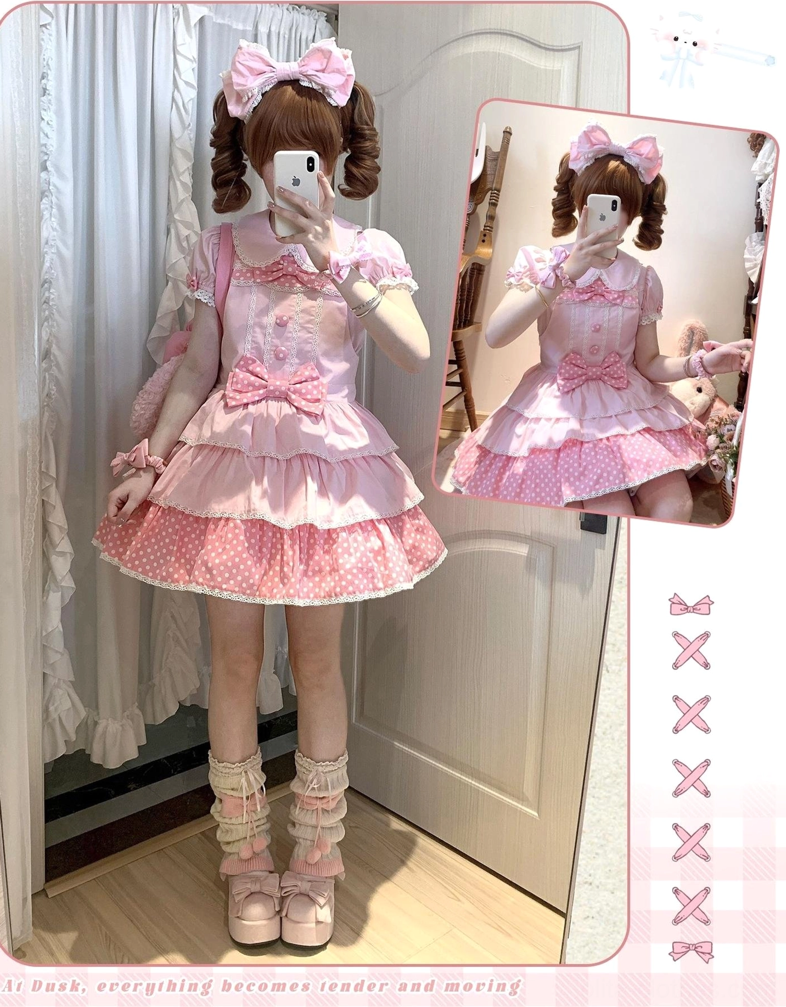 Pink polka dot sweet lolita dress jsk preview inset styling view complete coordinate