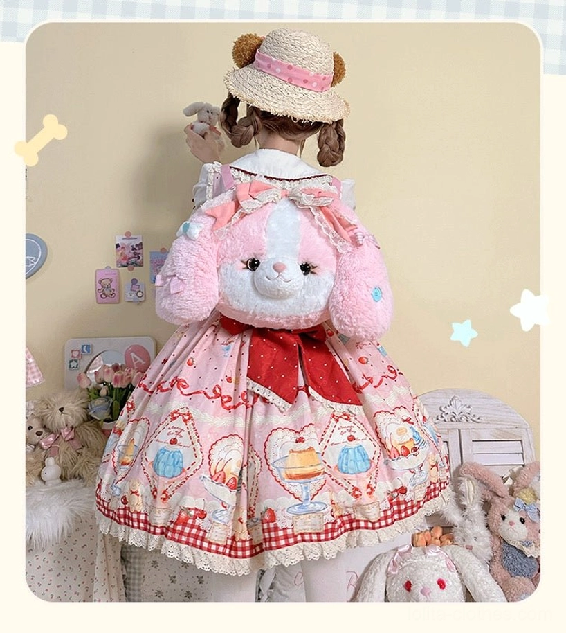 Pink puppy plush lolita backpack back view model wearing pink dessert-themed sweet lolita dress with straw hat and bear ear decoration