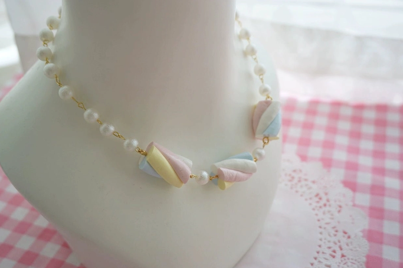 Pink and purple sweet lolita cotton candy resin necklace variant showcasing romantic lavender and soft pink marshmallow charms with imitation pearls, gold-tone metal chain, and adjustable extension