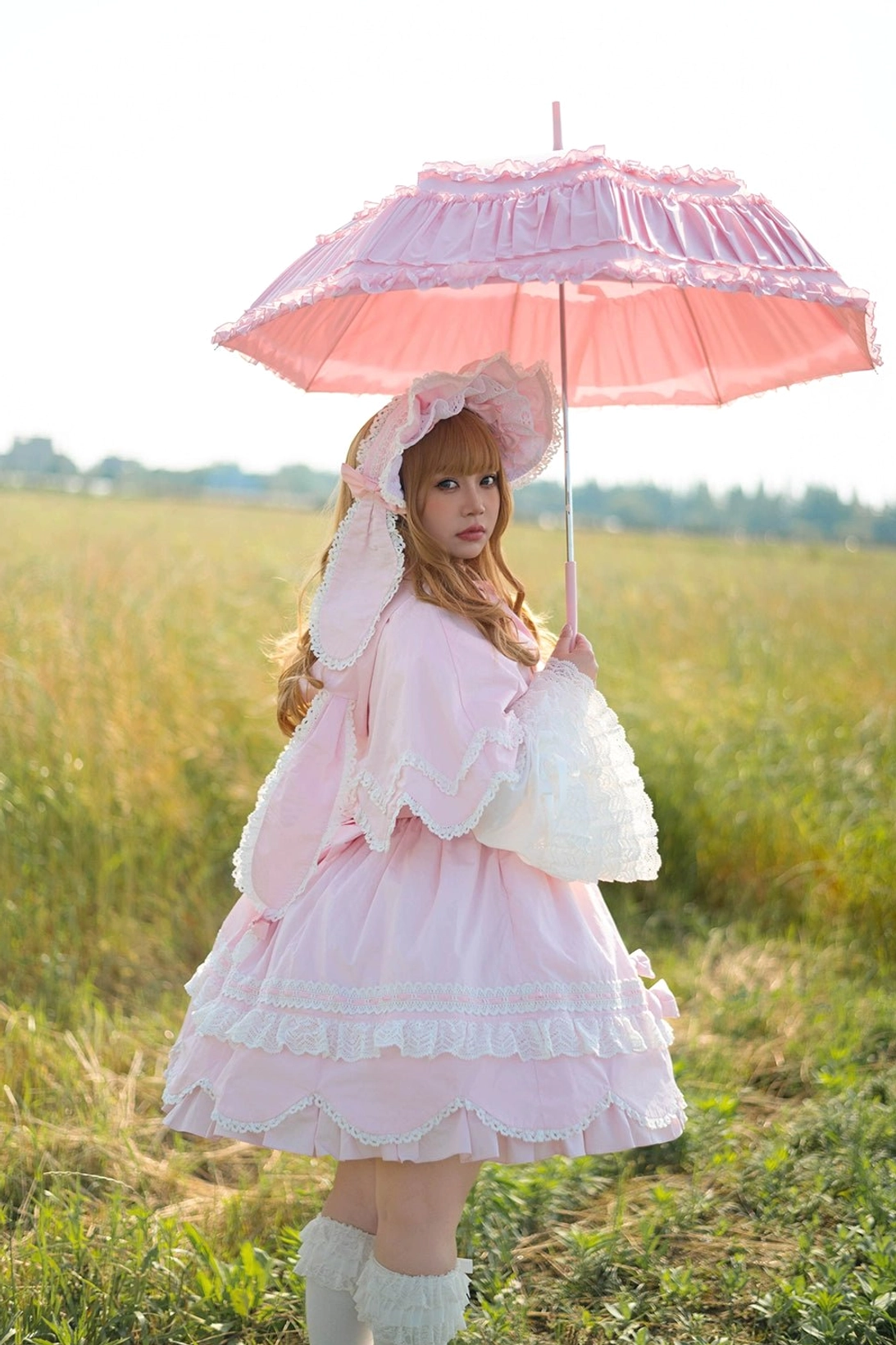 Pink rabbit ear lolita cape detail shot lace trim scalloped hem petal design sweet lolita aesthetic