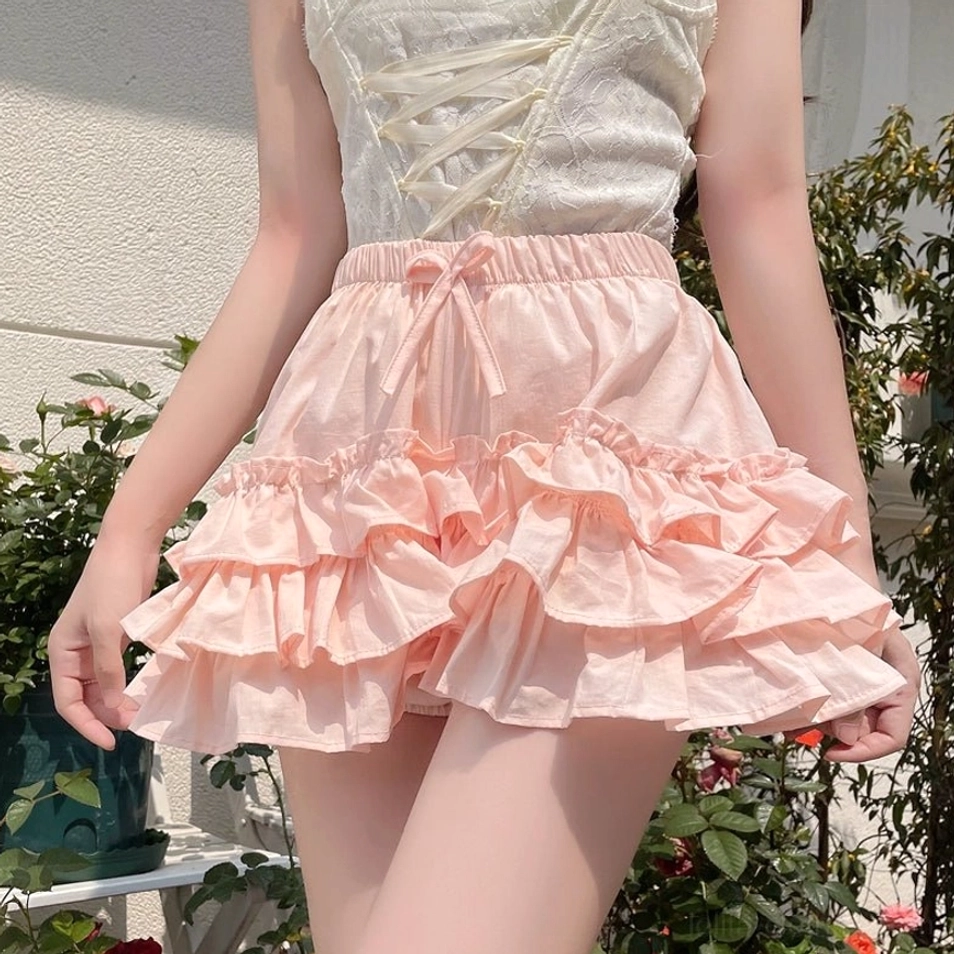 Pink ruffle anti-exposure shorts sweet lolita daily wear comfortable breathable pure cotton bloomers soft pastel aesthetic versatile