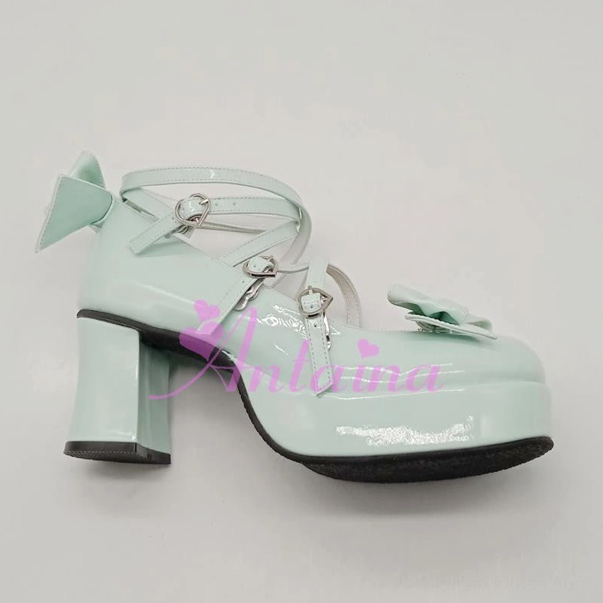 Pink shining sweet Lolita Mary Jane platform shoe featuring glossy PU leather and decorative bow elements for romantic sweet Lolita aesthetics