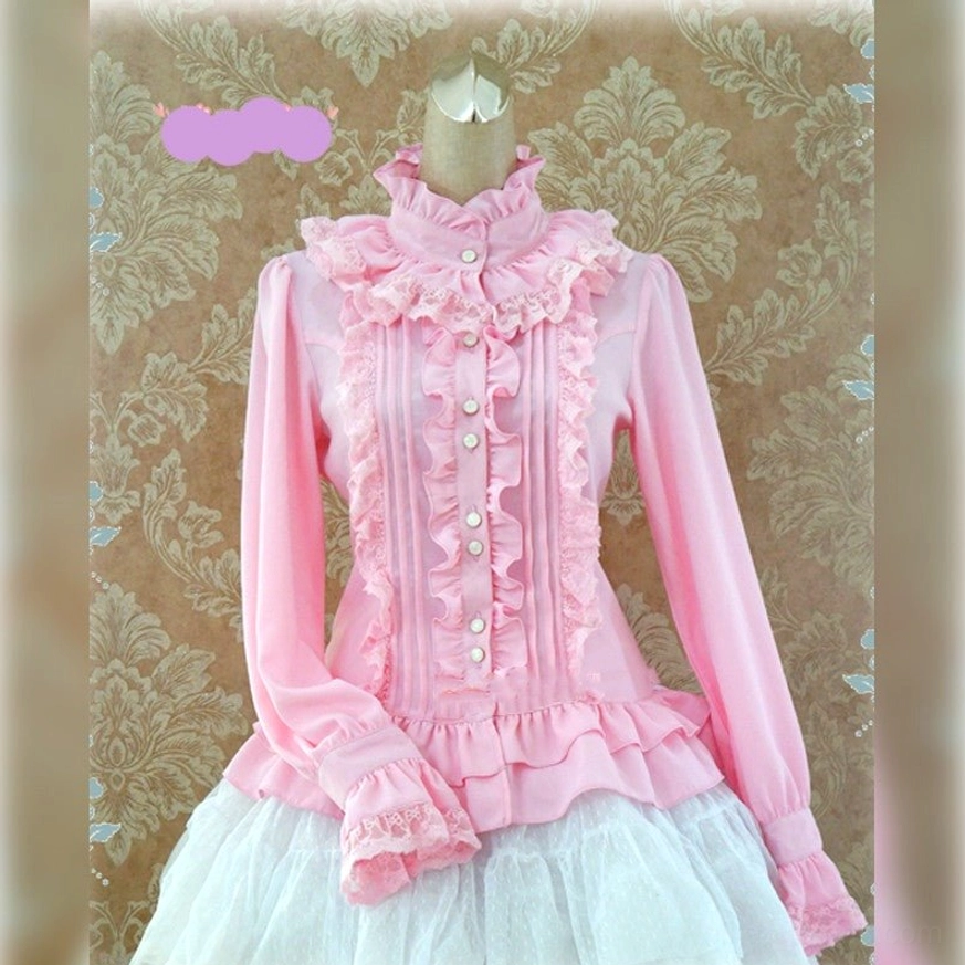 Pink silk stand collar Lolita blouse front view with ruffled pearl button placket and lace-up back detail displayed on dress form