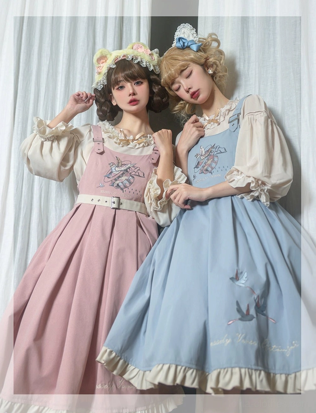 Pink and sky-blue bird embroidery Lolita JSK dresses with inner blouses half-body front close-up dual model view indoor curtain background matching waist belts