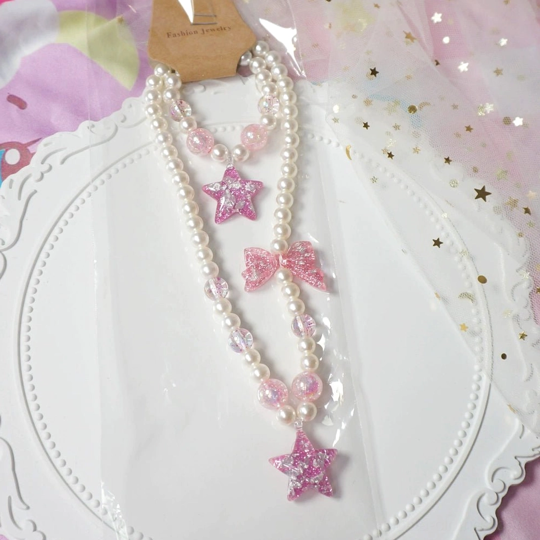 Pink star pearl gradient choker necklace and coordinating beaded bracelet lolita jewelry set