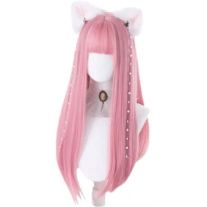 Pink straight lolita cosplay wig with neat blunt bangs worn on white mannequin, direct front static display showcasing silky hair texture and lolita-style silhouette
