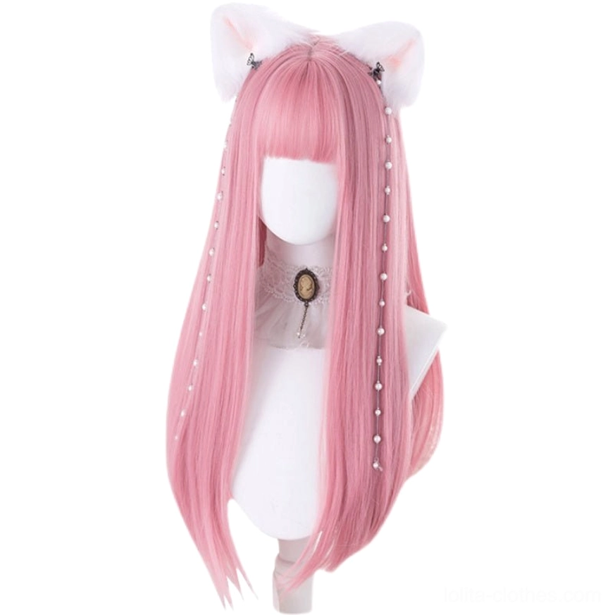 Pink straight lolita cosplay wig with neat blunt bangs worn on white mannequin, direct front static display showcasing silky hair texture and lolita-style silhouette