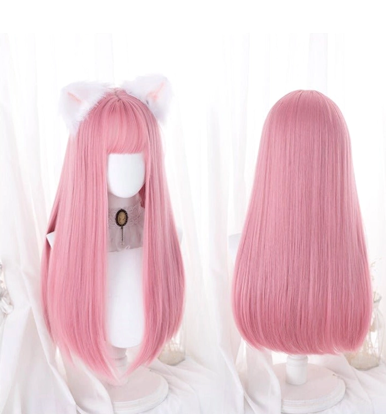 Plain pastel pink straight lolita wig showing front view and full back view on white mannequin stand with studio backdrop, demonstrating 69cm length and smooth hair texture