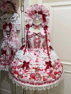 Pink strawberry bear print sweet lolita one-piece dress on mannequin with matching bonnet, wine red bows, white lace trim, square neckline, and layered ruffled hem