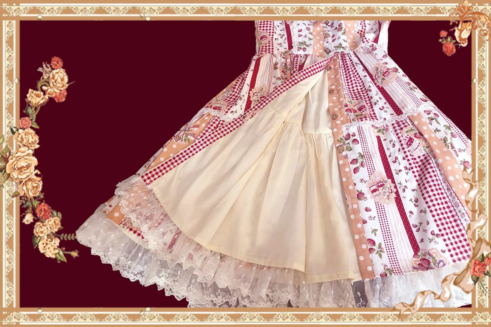 Pink strawberry plaid sweet Lolita JSK dress skirt hem close-up, low angle side view showing beige inner lining, double-layer lace ruffled hem, mixed patchwork prints