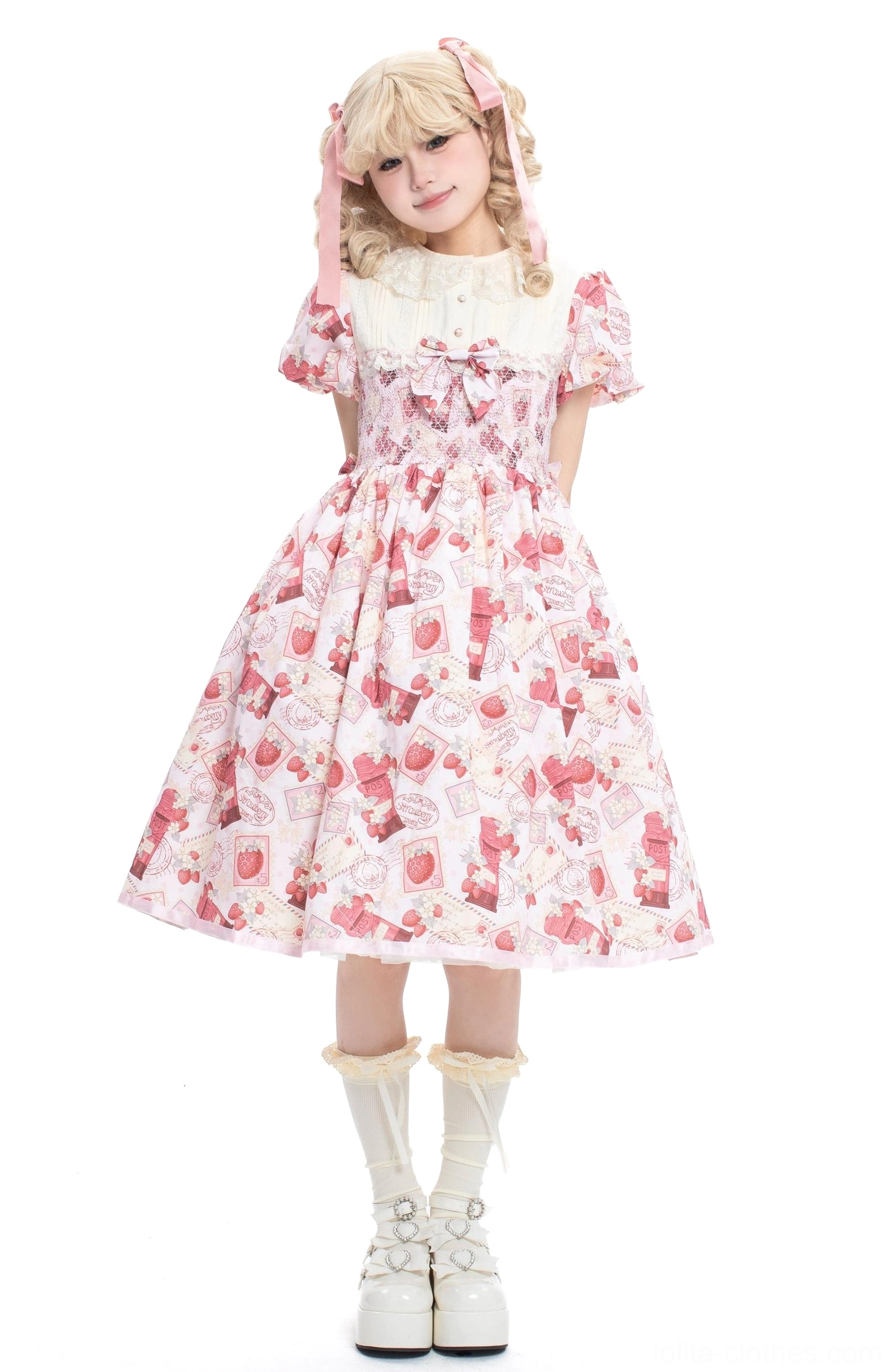 Pink strawberry print Lolita OP dress full-body static front view with clean streamlined silhouette, standard Lolita OP design puff short sleeves, blonde model with pink twin tails white platform boots ruffled socks