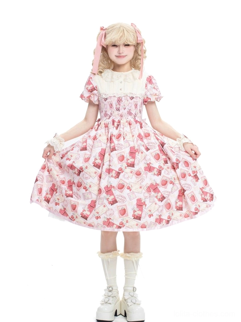 Pink strawberry print Lolita OP dress full-body front view with pink base color, matching food berry prints throughout, ruffled white collar, high waist design, model with blonde twin tails pink hair bows