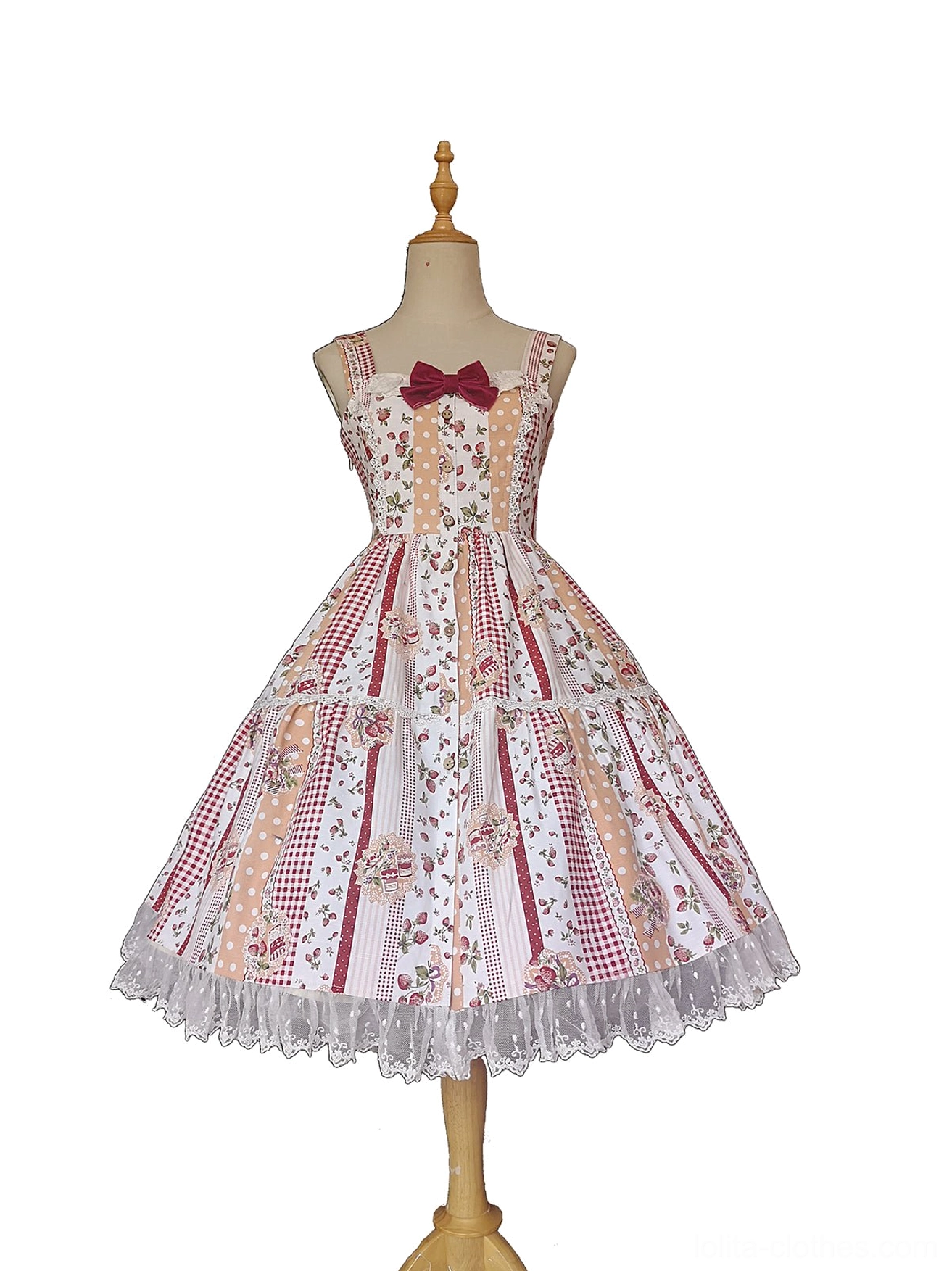 Pink strawberry plaid sleeveless sweet Lolita JSK dress front view, detachable bow, A-line patchwork skirt, lace ruffled hem on wooden background