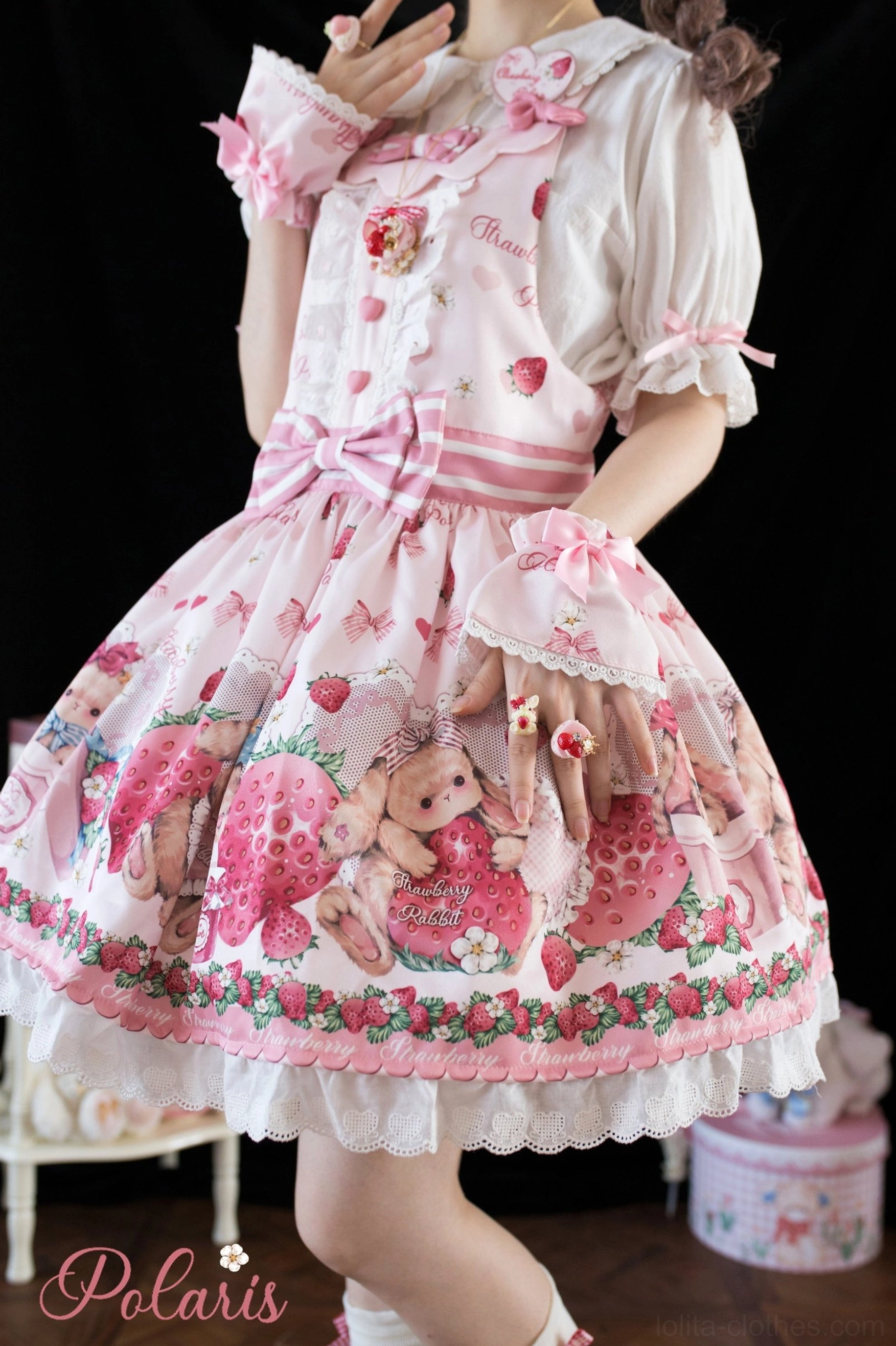 Pink strawberry rabbit sweet lolita salopette salopette only option flat lay showing dress piece without coordinating accessories