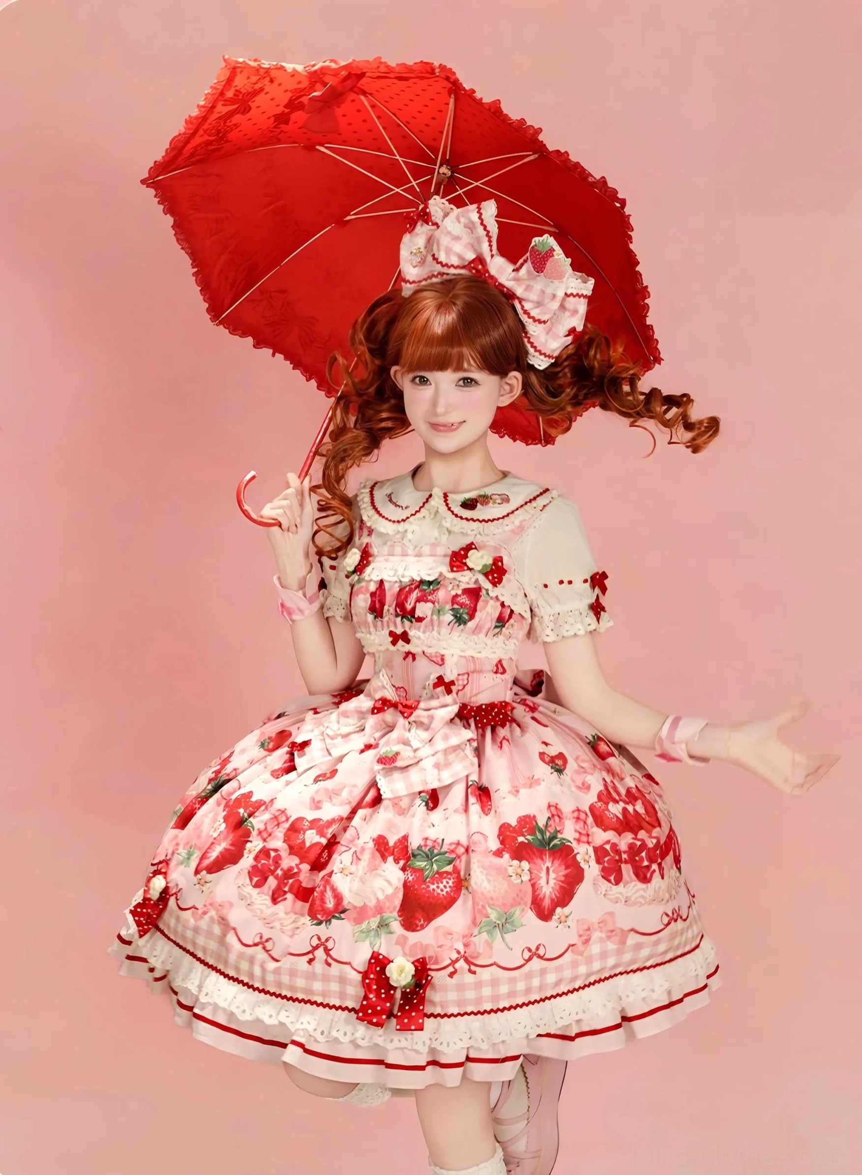 Pink short-sleeve strawberry Lolita JSK dress half-body three-quarter view Peter Pan lace collar ruffled cuffs holding red parasol