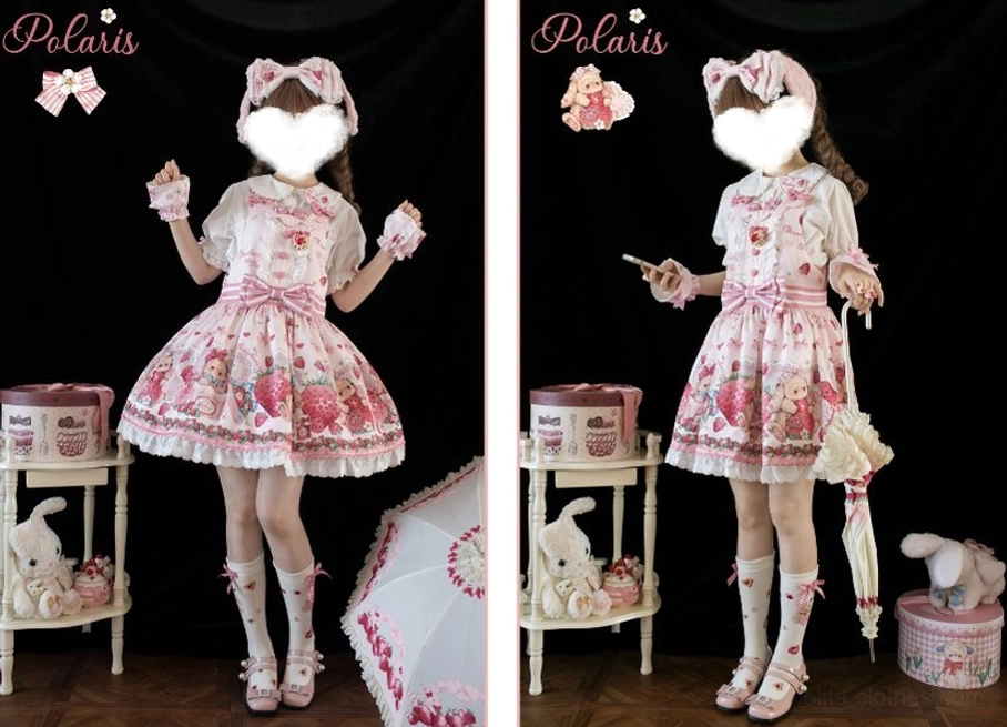 Pink strawberry sweet lolita salopette JSK with layering suggestions cardigan shrug coordination for different seasons