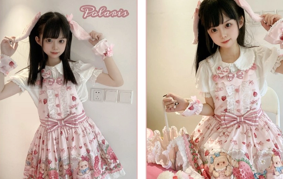 Pink strawberry sweet lolita salopette with coordinating mary jane shoes and white socks styling suggestion on model