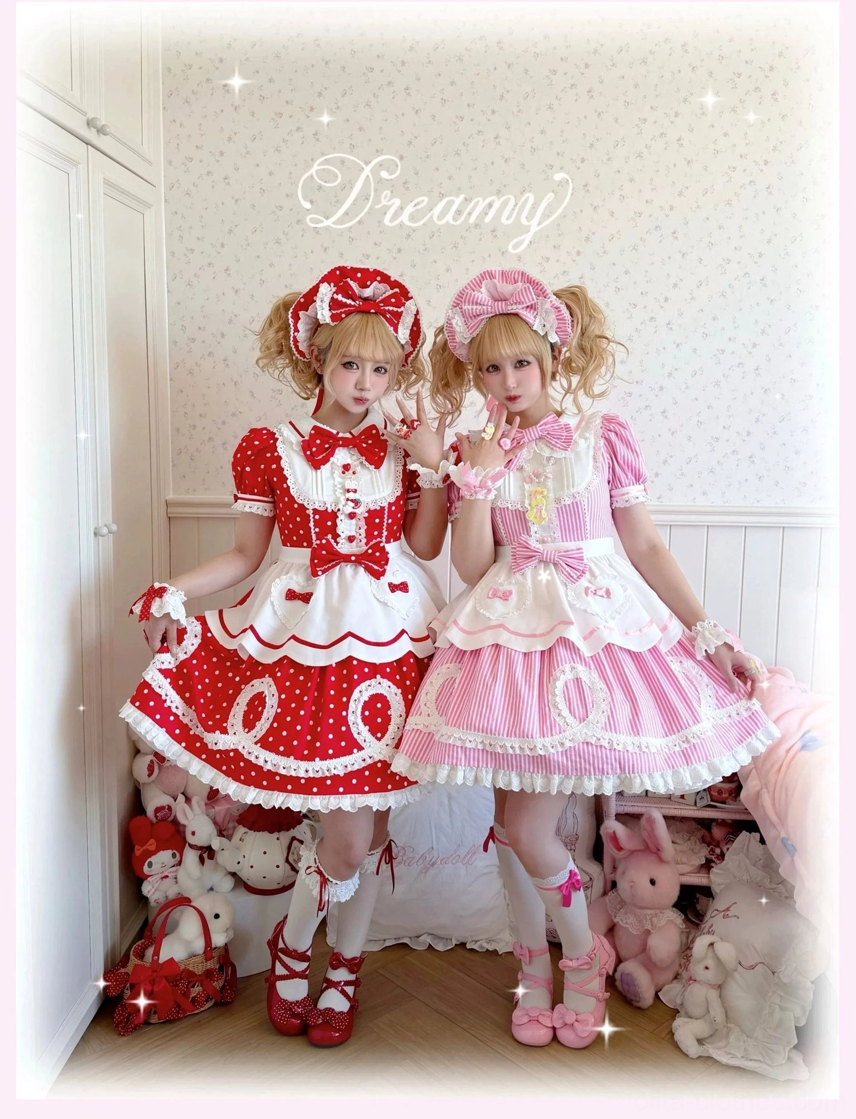 Side profile of pink striped lolita OP dress displaying silhouette and waist bow placement on dress form