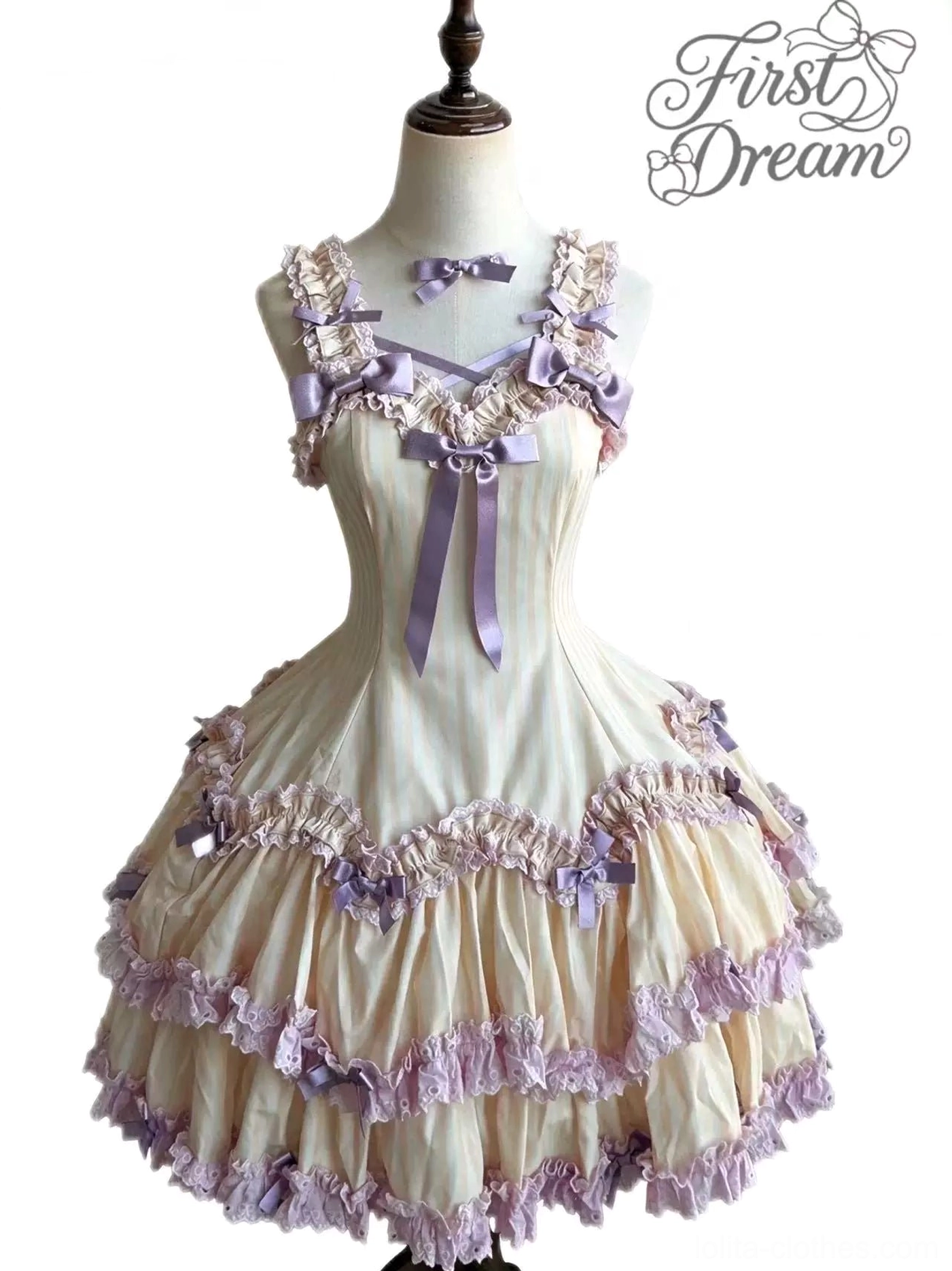 Pink striped old school Lolita dress alternative colorway display showing design versatility and styling possibilities
