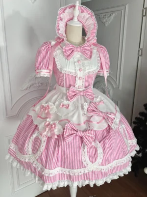 Pink vertical striped old school lolita OP dress with detachable apron and matching bonnet displayed on dress form front view