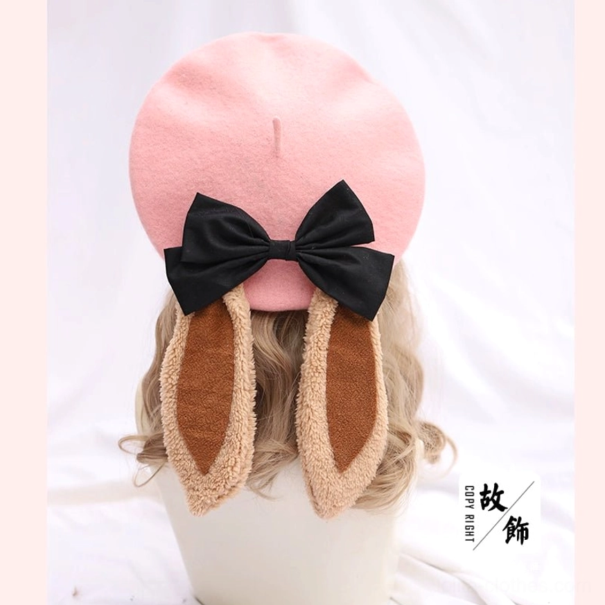Pink lolita beret with brown fuzzy edged bunny ears and black satin bow - sweet lolita fashion headdress