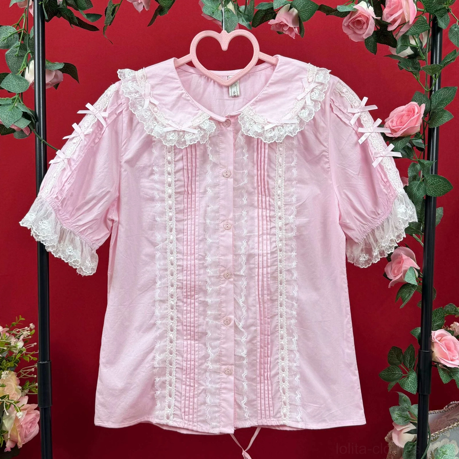 Pink sweet lolita cotton blouse with lace peter pan collar front lace panel pintucks and ruffled sleeves small bows