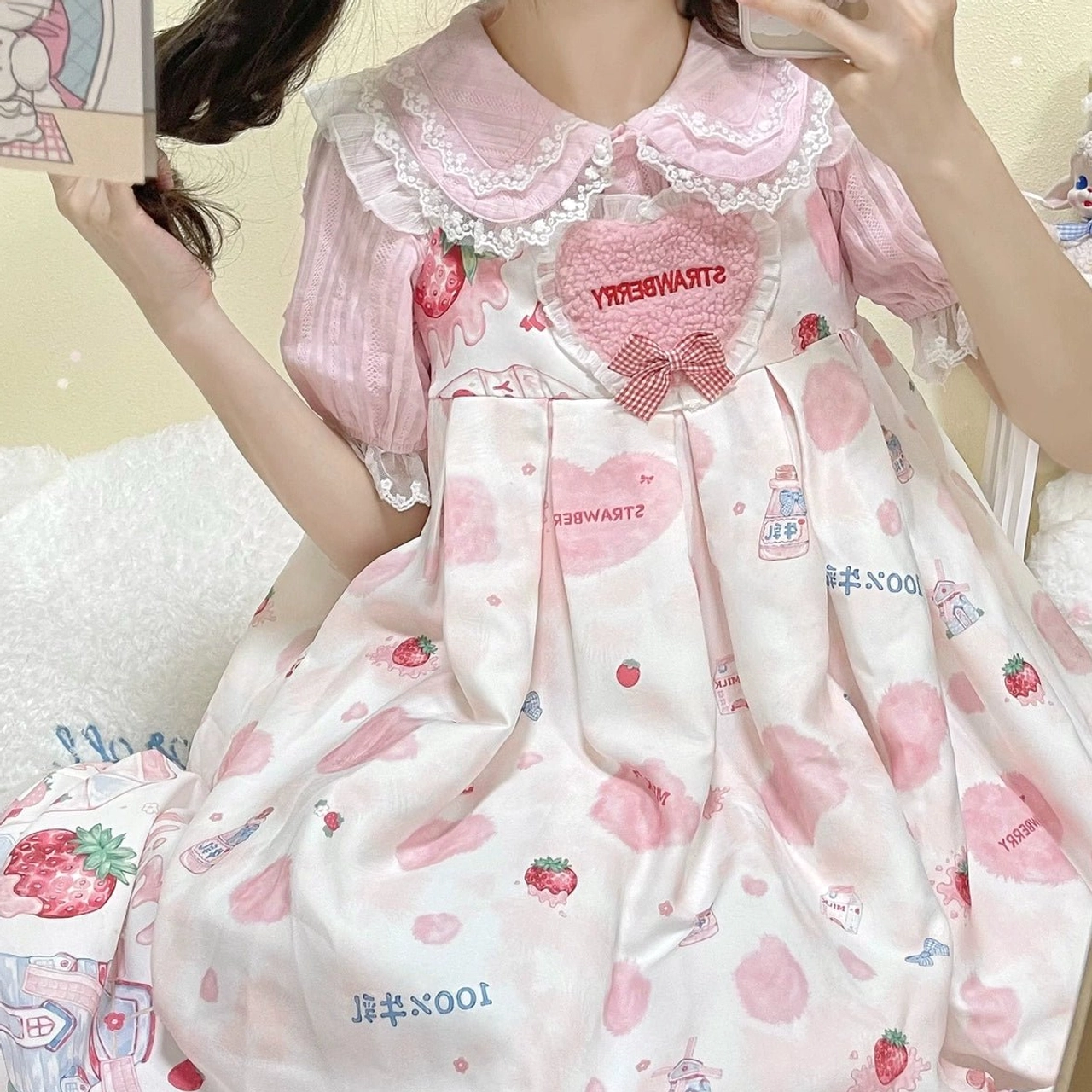 Pink sweet lolita blouse selfie close-up lace ruffled doll collar heart chest decor female model