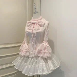 Pink sweet lolita chiffon blouse with removable large bow tie and half-princess sleeves front view on dress form