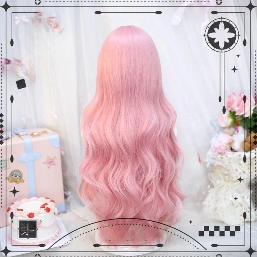 Pink sweet lolita long wavy wig back view full head coverage natural loose wavy texture floral party backdrop