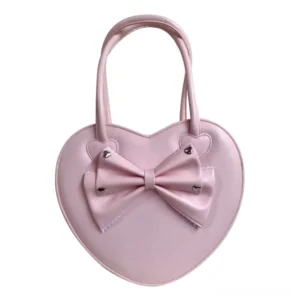 Pink heart-shaped sweet Lolita shoulder bag with decorative bowknot and heart accents, front flat display on white background