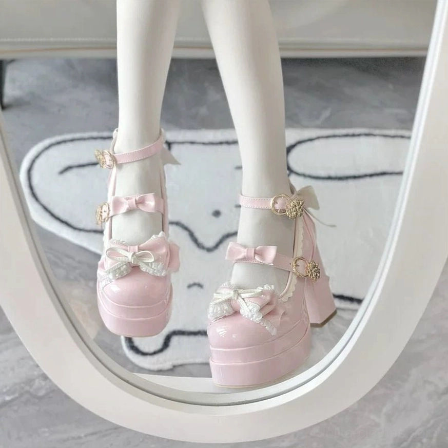 Pink sweet Lolita platform heels full mirror view on-foot wearing with ruffled front bows and ankle strap details