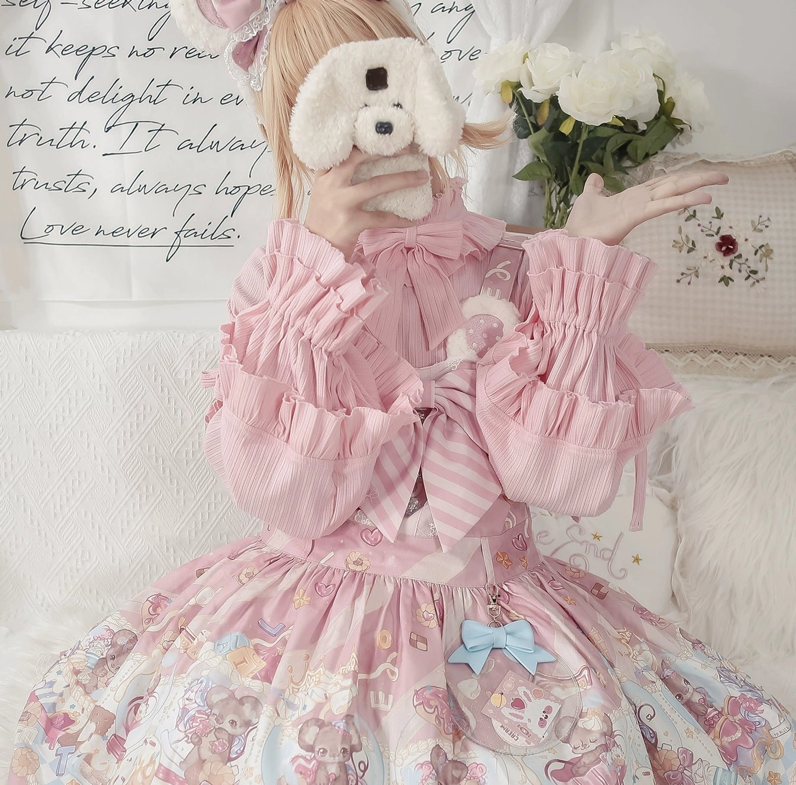 Pink sweet lolita inner shirt with big bow neckline pleated ruffled sleeves cartoon bear printed skirt coordinate cozy styling