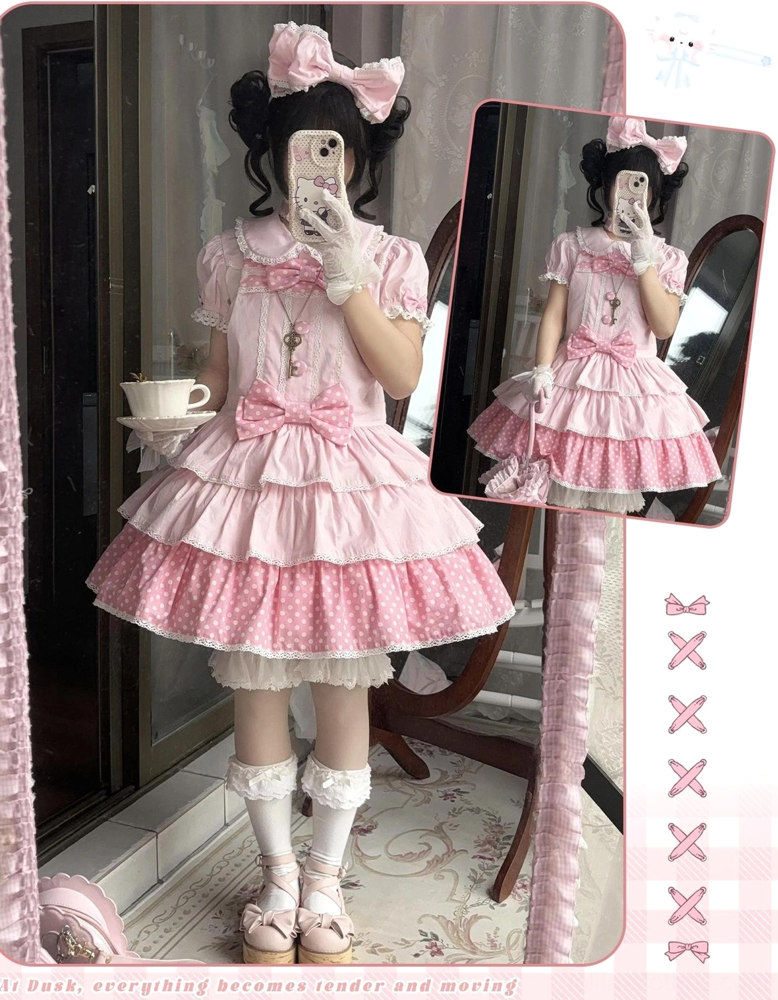 Pink sweet lolita dress jsk cross pendant triple tiered polka dot hem waist bow accessories socks shoes