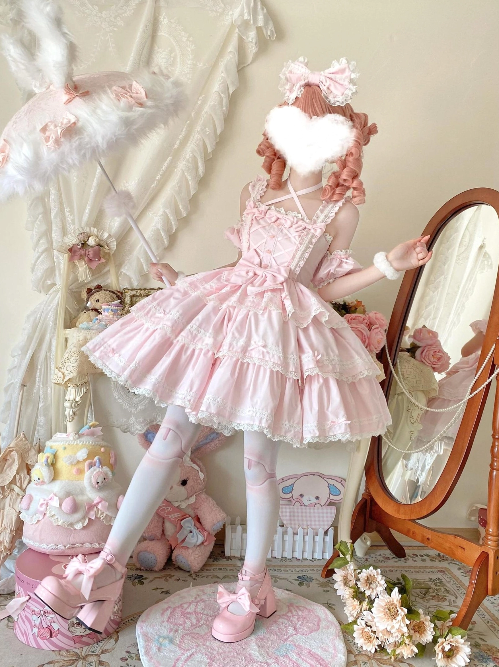 Pink Sweet Lolita JSK side full body view cosplay model pink feather parasol white stockings pink heels vintage bedroom mirror setup