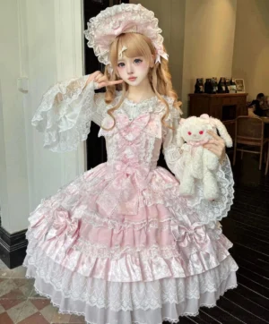 Pink Sweet Lolita jumper skirt one-piece dress with large satin front bow and multi-layered ruffled lace skirt, model holding plush rabbit toy in vintage indoor room, sheer lace sleeve details visible