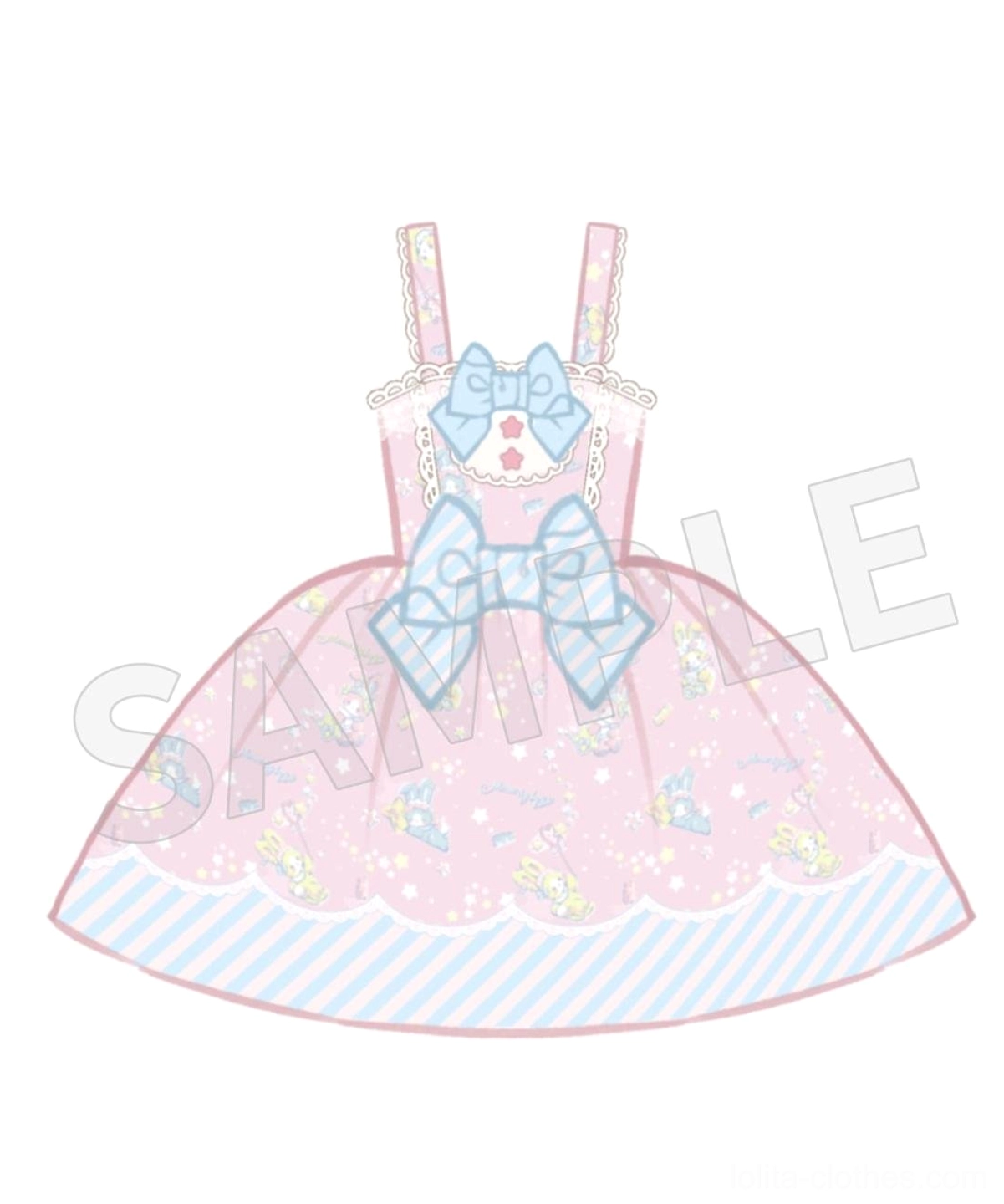 Pink variant of sweet Lolita jumper skirt with star and bunny print details shown in hanging display format highlighting colorway and design