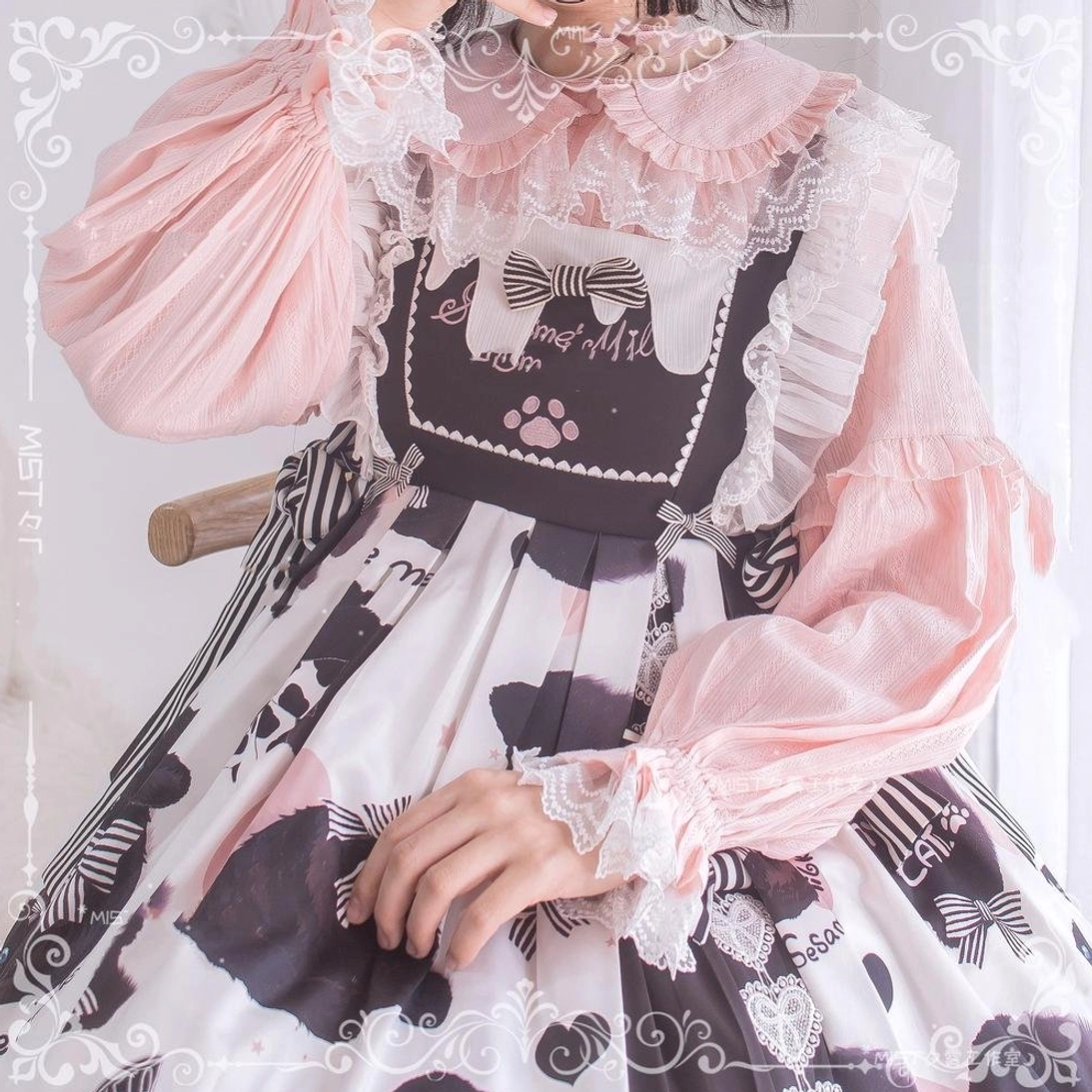 Pink Sweet Lolita Long-Sleeve Blouse Pastel Fashion Photography Ruffled Bishop Sleeves Detail