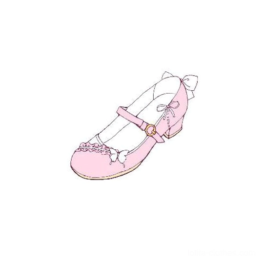 Pink sweet Lolita Mary Jane shoes design sketch front view with heart buckle strap ruffle bow ornament illustration