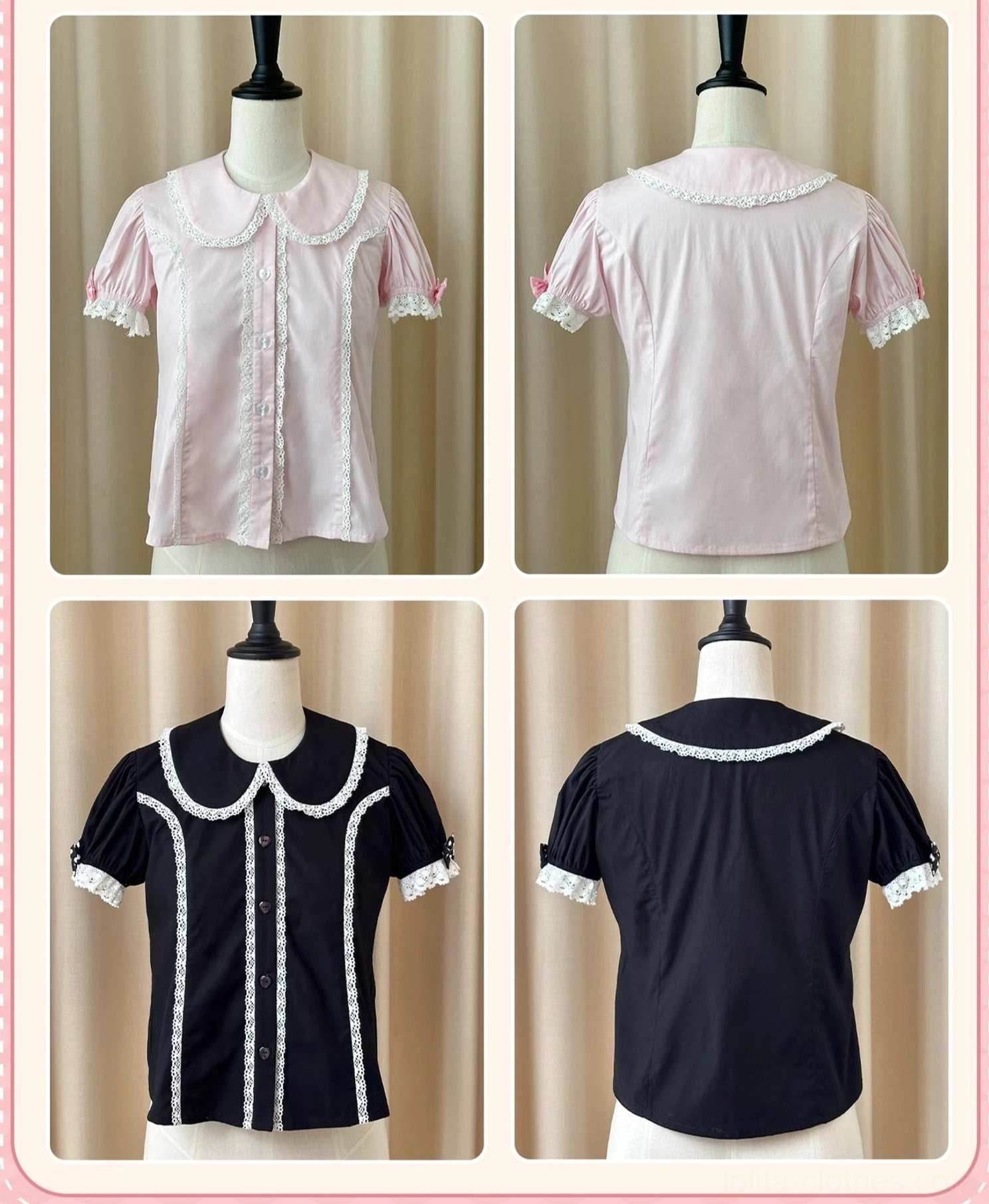 Pink sweet lolita peter pan collar shirt lace cuff bow accents regular fit versatile