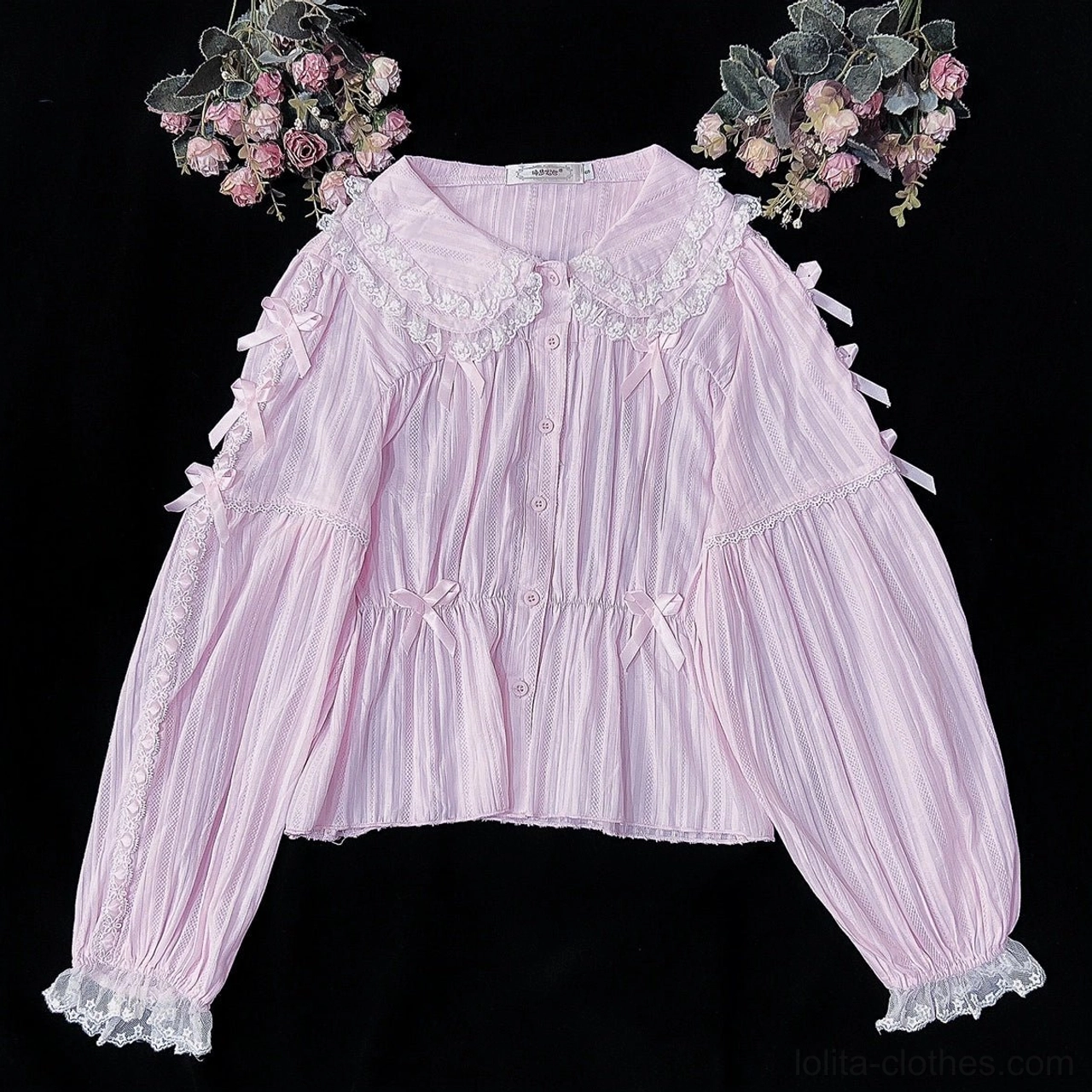 Pink sweet lolita peter pan collar blouse long sleeve puff sleeves detachable bow coordinate