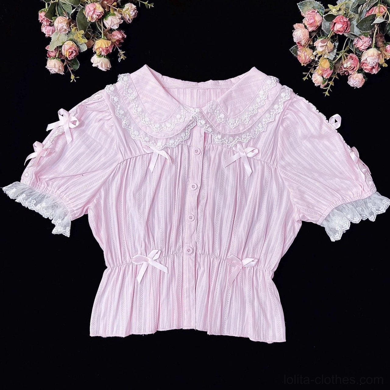 Pink sweet lolita peter pan collar blouse short sleeve puff sleeves cute lolita fashion detail