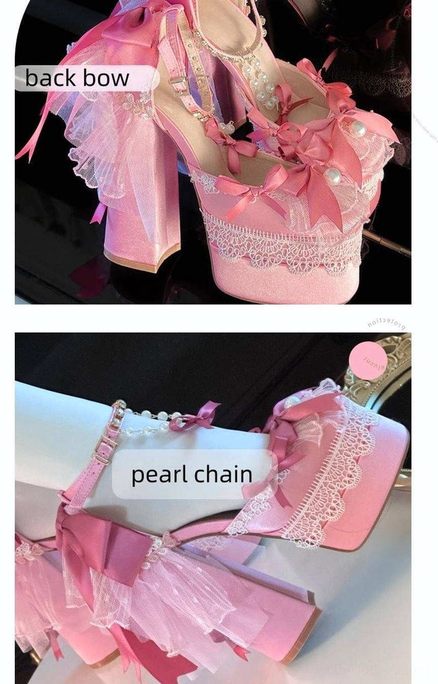 Pink sweet lolita platform heels sizing and fit reference image with multiple size variants displayed together