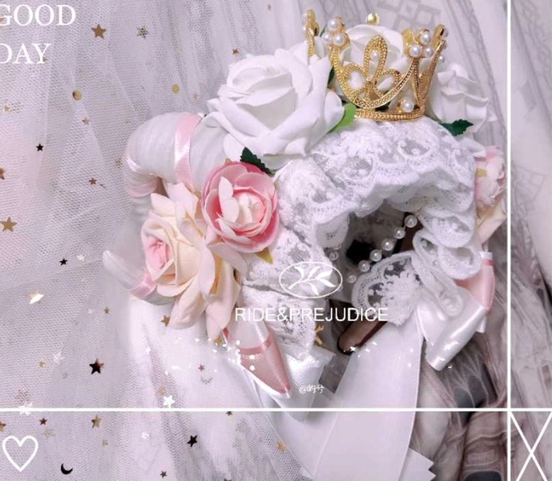 Pink sweet Lolita rose crown headdress ombre pink roses gold crown ruffled lace satin ribbon bows flat lay close-up detail
